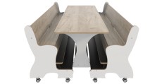 Hoogzit tafel L180 x B64 cm wit ggrey craft oak met banken Groothandel voor de Kinderopvang Kinderdagverblijfinrichting
